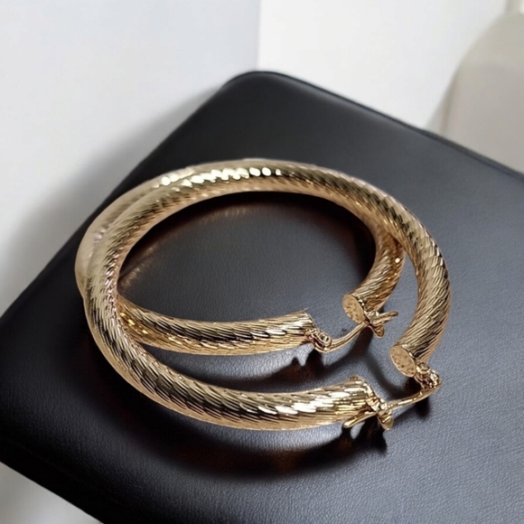 ANNE KLEIN Large Gold Hoops 60mm 2.38" Etched Textured Hoop Earrings Luxe Vibe - Picture 11 of 12